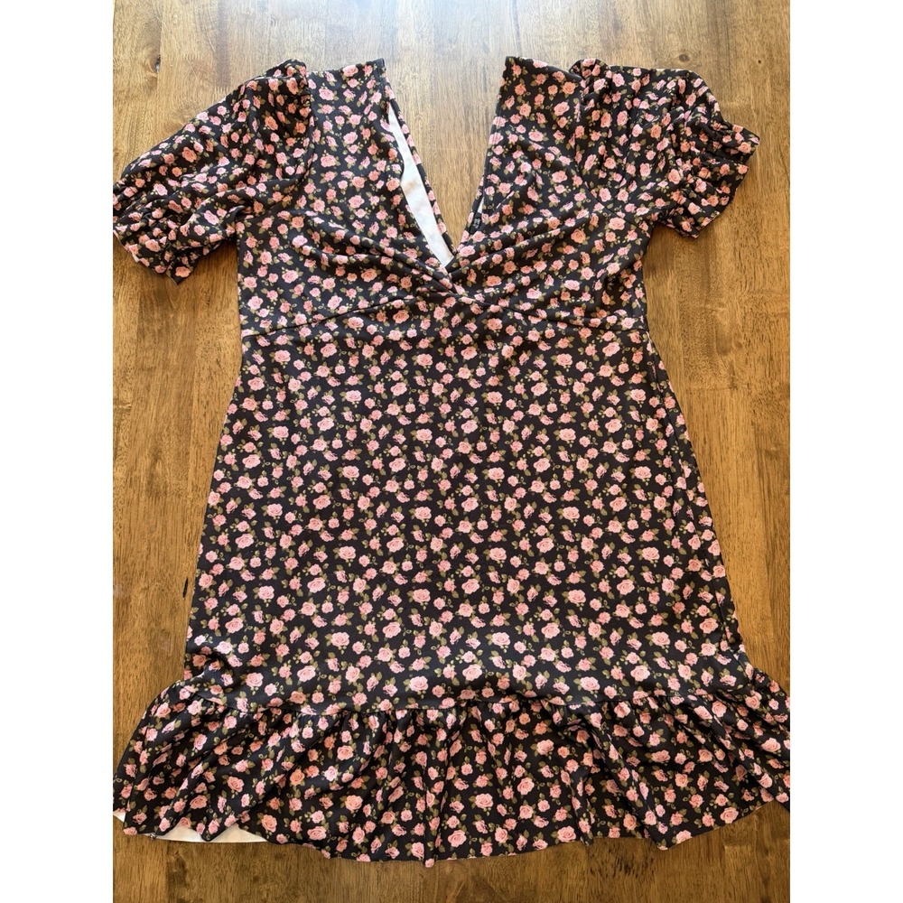 River Island Black Pink Floral V-Neck Mini Dress Short Sleeve Ruffle Size 18